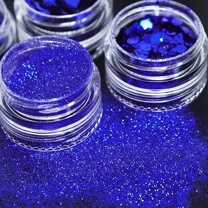 Snowflake Nail Art Glitter Blue Winter Nail Sequins Flakes, Blue Manicure fine Glitter Powder, 3D Holographic Heart Round Hexagon Butterfly Nail Stickers Decals Supplies Nail Charms for Women 6 Box
