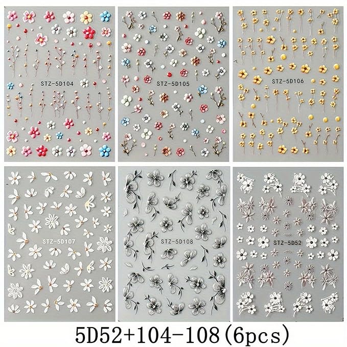 6 Sheets Flowers Nail Art Stickers Decals 5D Self-Adhesive Spring Colorful Embossed Floral Nails Decals Designs DIY Flowers Nail Stickers Supplies for Women Nail Art Manicure Decoration Accessories