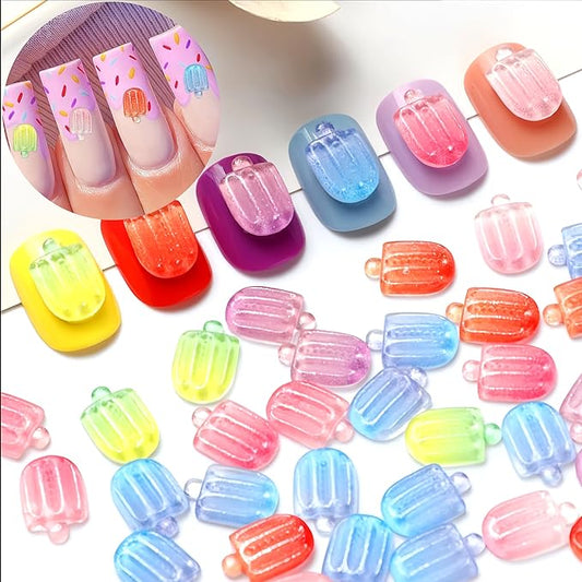 50Pcs Summer Colorful Ice Cream Nail Art Charms Kawaii Nail Charms for Acrylic Nails Mini Ice Lolly Summer Flatback Nail Rhinestones for Women Nails DIY Nail Supplies Cute Nail Art Craft Accessories