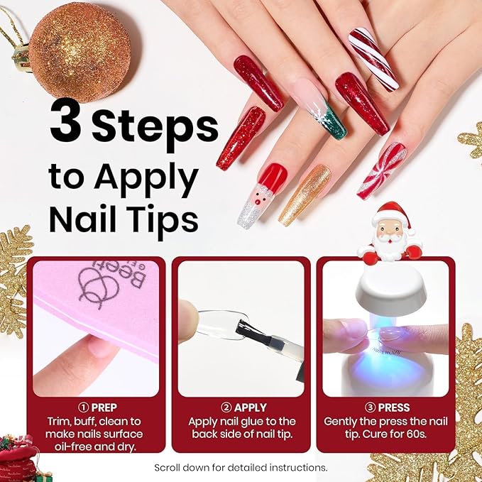 Beetles 9 In 1 Gel Nail Glue Kit, 2Pcs 15ml Christmas UV Nail Glue for Acrylic Nail Tips, Super Strong Brush for Base Coat, Christmas Gift for Women, UV LED Light Required