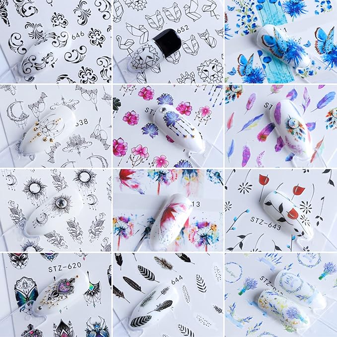 40 Sheets Flowers Nail Art Stickers, Holographic Flower Leaf Butterfly Pendant Necklace Feather Animal Line Nail Art Decals, Floral Resin Water Transfer Decal for Women Manicure Charms Decorations