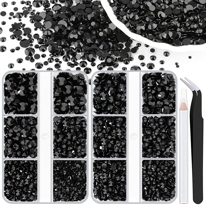 Resin Rhinestones for Crafting, 2 Boxeses Black Multi Sizes Flatback Bedazzling Crystals for Crafts Nail Art Decoration, Non Hotfix Gems Charms for Tumbler Shoes Clothing Fabric Face Makeup