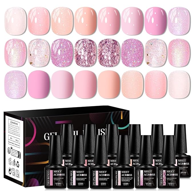 MEET ACROSS 12PCS Gel Nail Polish Set, 12 Colors Gel Nail Kit Art Design Soak Off UV LED,Nail Art Design Gifts for Women (Pink, 12PCS)