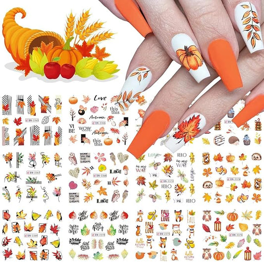 Fall Nail Art Stickers Autumn Nail Water Decals Maple Leaf Pumpkin Small Animals Thanksgiving Nail Stickers Water Transfer Foil Designs Nail Decals for Women Girls DIY Nail Decorations (12 Sheets)