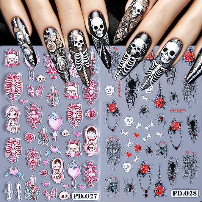2Sheets Halloween Nail Art Stickers 5D Embossed Pink Skeleton Heart Nail Decals Self-Adhesive Spider Web Spider Stickers with Rhinestone Charms Design Nail Decal Rose Skull Nail Sticker for Women