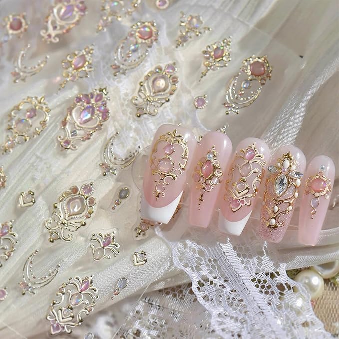 5D Embossed Gemstone Nail Stickers Gold Vintage Frame Nail Designs Flower Rose Golden 5D Self-Adhesive Luxury Baroque-Style Scepter Nail Decals for Women DIY Manicure 1 Sheet