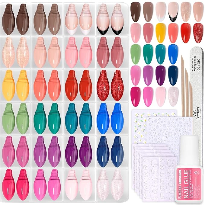 Beetles Press On Nails Kit - Rainbow Gleam | 720Pcs 24 Colors Short Almond Press On Nails | 15 Sizes Matte Glossy Glitter With Nail Glue & Nail Tabs Stickers, Fake Nails Kit Art For Women