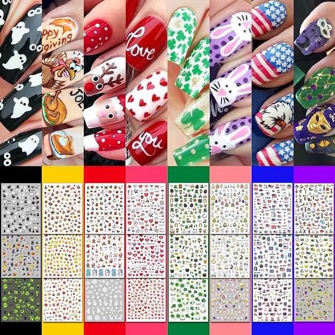 30 Sheets 8 Holiday Nail Art Stickers, Variety Pack All Season Nail Decals for All Year, Self-Adhesive Pegatinas Uñas 4th of July Halloween Fall Christmas Valentine St. Patrick's