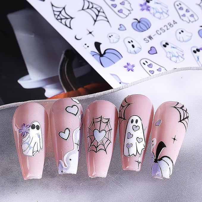 5 Pcs Halloween Nail Art Stickers,3D Self-Adhesive Nail Decals Spider Webs Cute Ghost with Designs Skull Pumpkin Nail Decorations Halloween DIY Manicure Supplies for Women Girls