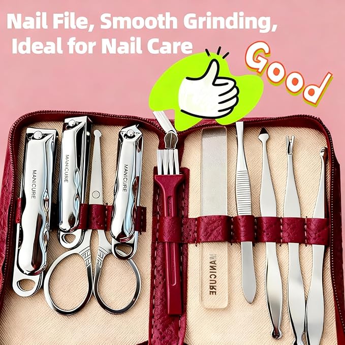 Manicure Sets Stainless Carbon Steel and Pedicure Kits – Nail Clippers with Leather Case, Portable Unisex (Ideal for Women) Personal Care Tools for Perfect Nail Grooming (Burgundy)