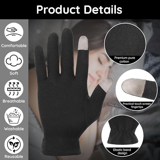 Segbeauty 16 Counts Elastic Cotton Work Gloves Black with Touchscreen Fingers, 8 Pairs Sleep Moisturizing Lotion Gloves Overnight for Women with Elastic Band, Spa Cotton Working Glove for Hand Care
