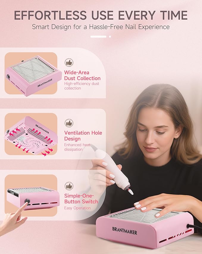 Nail Dust Collector with Brush and 2 Reusable Filters, 60W Vacuum Dust Fan for Acrylic Nails (Pink)