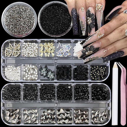 4 Boxes Dark Nail Gems Bow Flower Nail Charms for Acrylics - Irregular Crystals, Nails Rhinestone & Accessories for Women Nails Art Design Nails Decor(Dark)