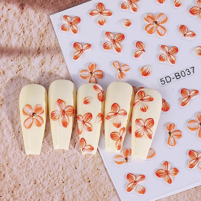 1 Sheets 5D Embossed Flower Nail Decals for Nail Art Self-Adhesive Cute Floral Nail Art Stickers Hawaii Flowers Nail Stickers Fall Nail Design Sticker for Women DIY Nail Decoration