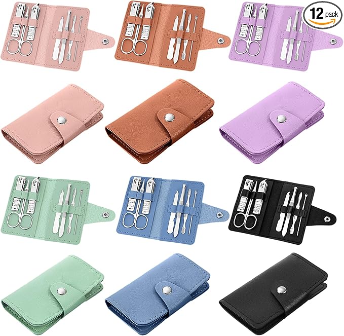 12 Sets Manicure Set, 7 in 1 Stainless Steel Nail Care Kit, Sturdy Manicure Tool Kits with Travel Case, Nail Grooming Kit Gift, for Men and Women(6 Colors)