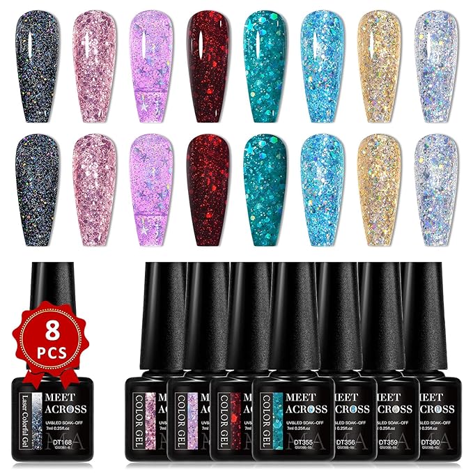 MEET ACROSS 8 Colors Glitter Gel Nail Polish Sparkly Shiny Gold Silver Pink Gel Polish Kit Glitter Red Black Blue Nail Polish Set Manicure Nail Art DIY Salon Home Holiday Gift for Women