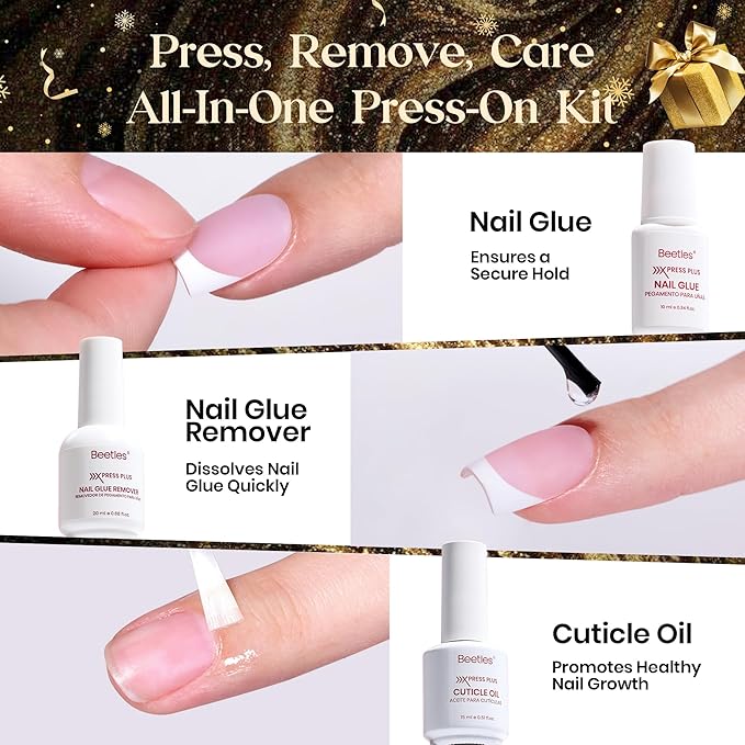 Beetles X Press Plus On Nails Kit - Rose French | Pink Long Square French Tip Press On Nails | 224Pcs 16 Sizes All-in-One Kit With Nail Glue，Remover，Builder Top Coat，Nail Lamp