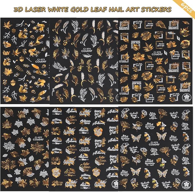 Maple Leaf Nail Art Stickers Decals Fall Nail Stickers 6PCS Golden Autumn Leaves Pine Nut Squirrel Autumn Nails Design Thanksgiving Day Nail Art Supplies Fall Stickers for Nails Manicure Decor