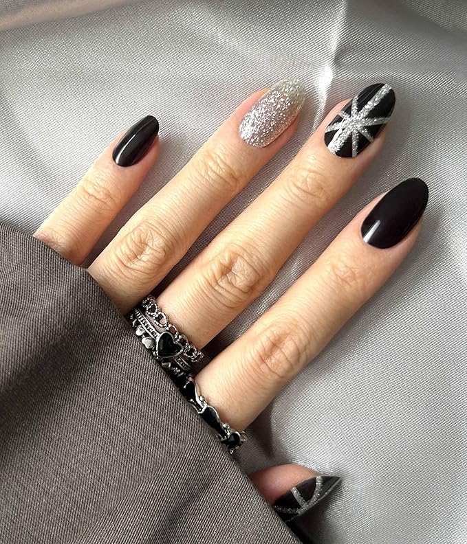 Nail Polish Strips - 22 Pcs Salon Quality Gel Nail Stickers - Long Lasting Wraps (Saint Black Glitter)