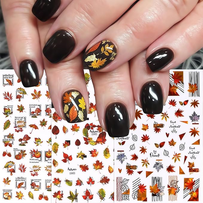 Maple Leaf Nail Art Stickers 3D Laser Shiny Autumn Winter Maple Red Leaf Nail Decals Autumn Maple Leaf Pumpkin Mushroom Nail Decoration Autumn Thanksgiving Day Nail Sticker for Women Nail Accessories