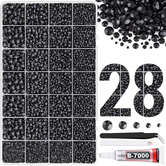 30000Pcs Resin Rhinestones for Bedazzling with Tweezers, Black Rhinestones for Crafting with B7000 Jewelry Glue for DIY Crafts Clothing Tumblers Shoes Fabric Nail Art