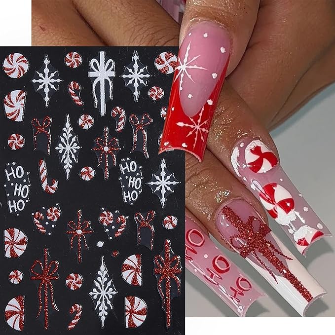 8Pcs Christmas Nail Stickers 5D Embossed Nail Decals Glitter Xmas Candy French Snowflake Gift Bow Elk Bear Nail Design Christmas Gingerbread Man Nails Supplies for Women Winter Holiday Manicure DIY