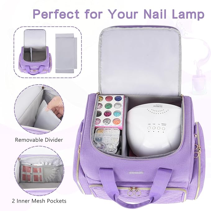 Nail Polish Organizer Holds 80 Bottles and a Nail Lamp,Nail Polish Carrying Case with 2 Removable Bags,Nail Organizers and Storage for Nail Tech,Portable Nail Polish Holder for Nail Supplies,Purple