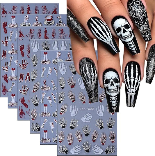 6 Sheets Halloween Nail Art Stickers 3D Self -Adhesive Bloods Hand Skeleton Nail Decals Holographic Blood Knives Nail Stickers Halloween Nail Decoration for Women Manicure Supplies