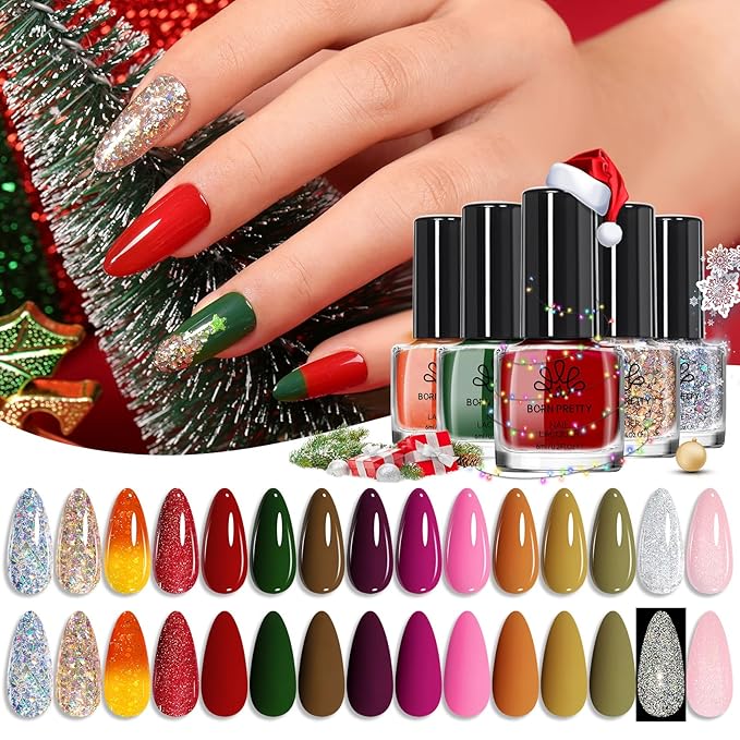 Born Pretty Fall Nail Polish Set, 15 Colors Christmas Quick Dry Nail Polish Kit Brown Caramel Red Green Silver Gold Glitter Color Changing Orange Nail Lacquer Glossy Fingernail Polish Manicure Set