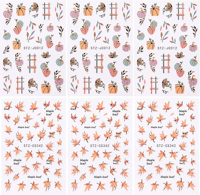 6 Sheets Fall Nail Art Stickers Decals, Thanksgiving Nail Art Accessories 3D Self Adhesive Fall Leaves Nail Decals Autumn Pumpkin Maple Leaf Nail Design DIY Manicure Decoration for Women Nail Supplies
