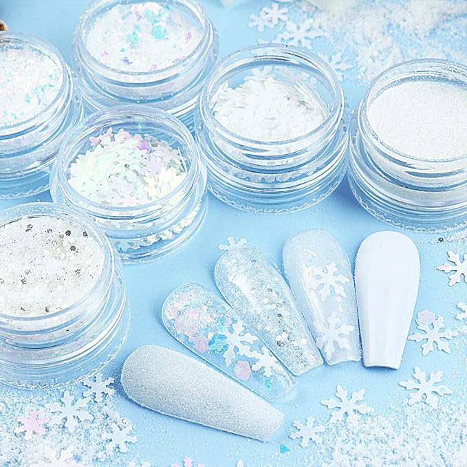 6 Boxes Christmas Nail Art Glitter Sequins Winter White Snowflake Flakes 3D Holographic Xmas Supplies for Acrylic Nails Decorations Accessories for Women
