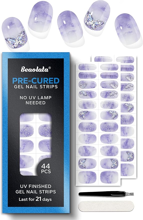 Pre Cured Gel Nail Strips - 44PCS Salon Quality Gel Nail Stickers - Long Lasting Polish Wraps for Women no UV Light Needed Easy Apply& Remove (Dreamy Purple）