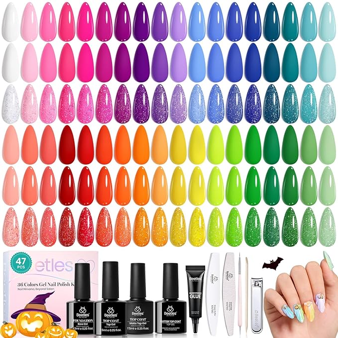 beetles Gel Polish Set - 36 Colors Neon Gel Nail Polish Pink Red Green Blue Yellow Nail Polish with 4Pcs Base Top Coat Soak off Colorful Holidays Collection UV Halloween Gifts for Women