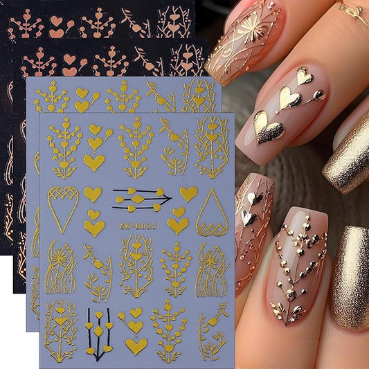 Fall Nail Art Stickers for Thanksgiving, Rose Gold Tree Nail Decals 3D Self-Adhesive with Leaves Heart Design 4Pcs Gold Leaves Tree Heart Nail Art Supplies for Women Nail Decoration