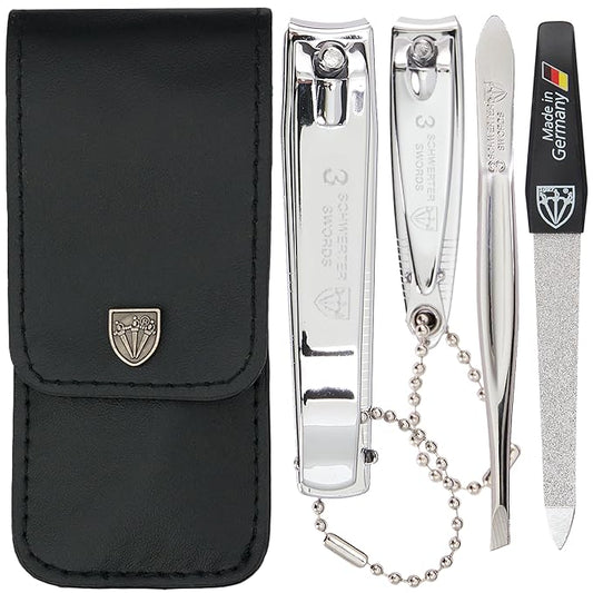 3 Swords Germany - Brand Quality 4 Piece Manicure Pedicure Grooming kit Set for Professional Finger & Toe Nail Care Tweezers File Clipper Fashion Leather case in Gift Box, Made by 3 Swords (77211)