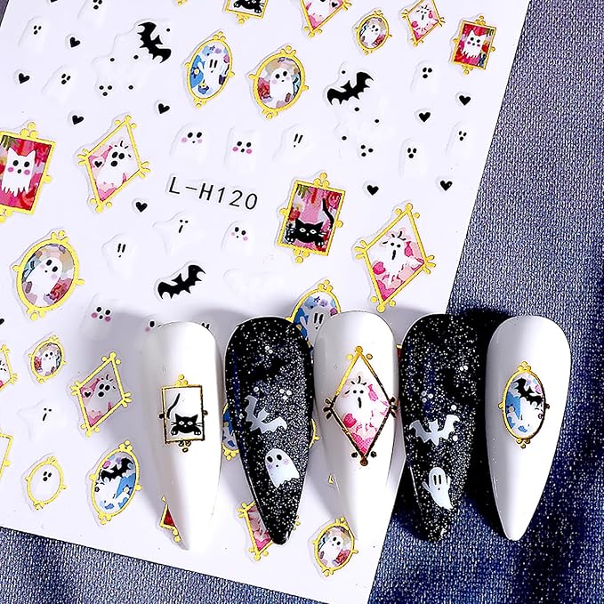 6 Pcs Halloween Nail Art Stickers Funny Ghost Nail Stickers Flower Bat and Spider Web Design Nail Decals Cute Pumpkin Nail Sticker Decorations for Women Manicure