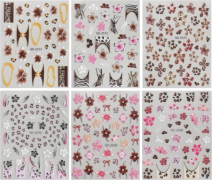 6Sheets Leopard Print Nail Art Stickers 5D Embossed Colorful Lily Flower Nail Decals Self-Adhesive Leopard Print French Tip Nail Sticker Cute Floral Decal for Women Manicure Decoration Accessories