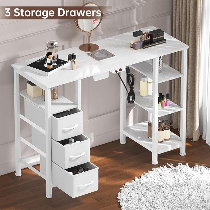 Nail Desk for Nail Tech w/Electric Dust Collector, Manicure Table w/3 Storage Drawers & 3 Open Shelves for Beauty Salon Tech Station