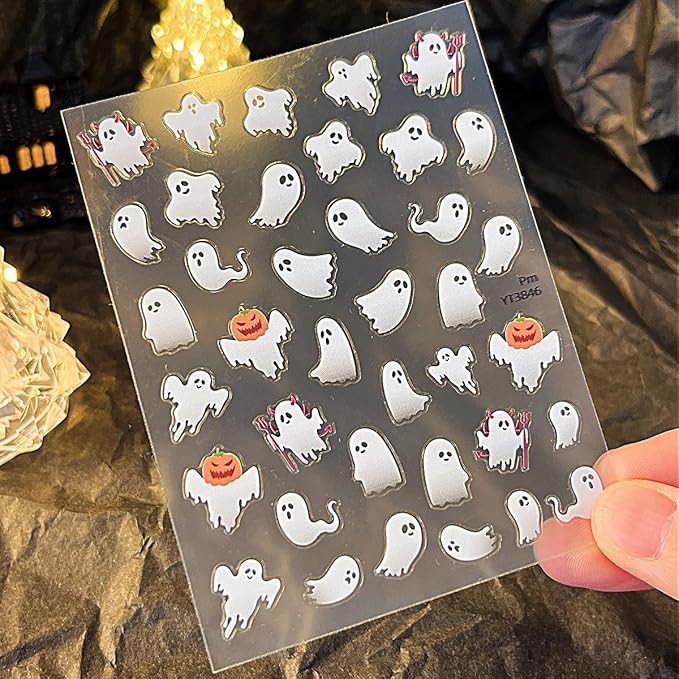Halloween Ghost Nail Stickers for Nail Art 3D Self-Adhesive Halloween Nail Decals with Cute Ghost Design Spooky Nail Decals Holiday Style DIY Salon Manicure Supplies Sticker for Women