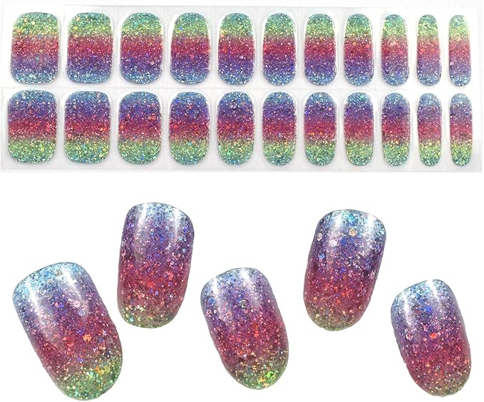 Semi Cured Gel Nail Strips Glitter Gel Nails Sticker 22pcs Rainbow Sequins Nail Wraps for Home Nails DIY