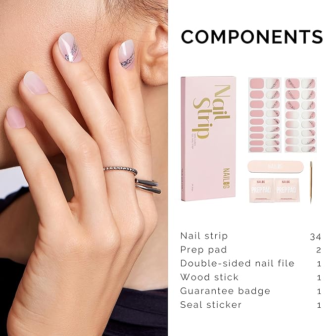 Semi Cured Gel Nail Strips - NAILOG 34 Pcs Gel Nail Stickers | Buy 2 Get 1 UV Light | Extra Long Nail Wraps with Glossy Gel Finishing Gradient Pink, Fairy Wand