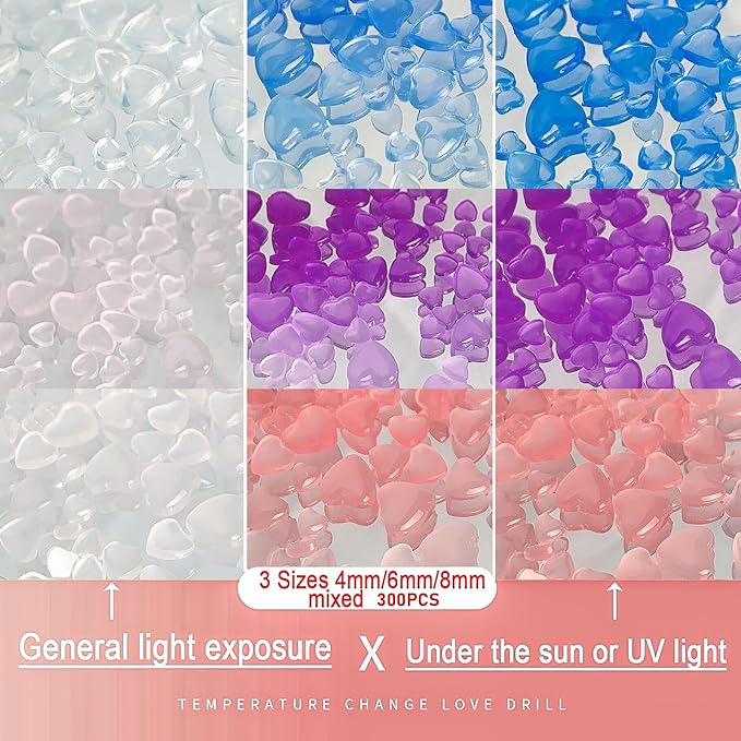 300Pcs Valentine's Day Nail Art Charms 3D Heart Change Color in Sunlight Nail Charms Orange Pink Blue Flat Back Mixed Size 4/6/8mm Nail Rhinestone Diamonds Gems Crystal Jewelry Acrylic Nail Supplies
