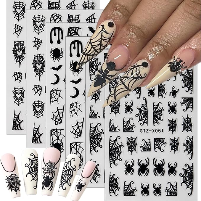 Halloween Spider Nail Stickers - 3D Black Spider Web Designs, Self-Adhesive Star & Bat Decals for Women's DIY Acrylic Nail Art, 6 Sheets