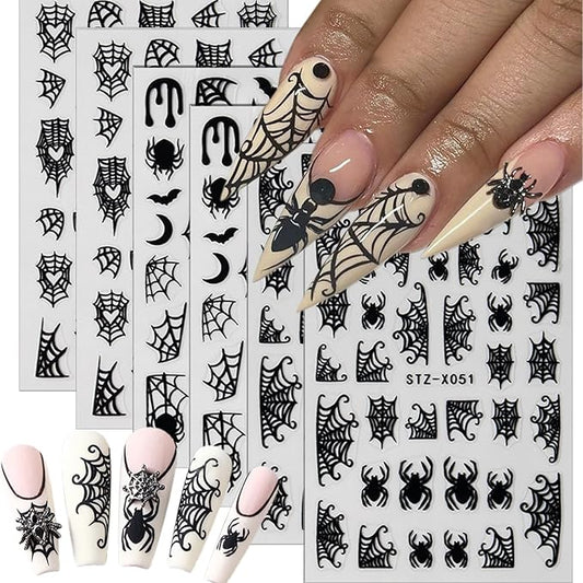 Halloween Spider Nail Stickers - 3D Black Spider Web Designs, Self-Adhesive Star & Bat Decals for Women's DIY Acrylic Nail Art, 6 Sheets