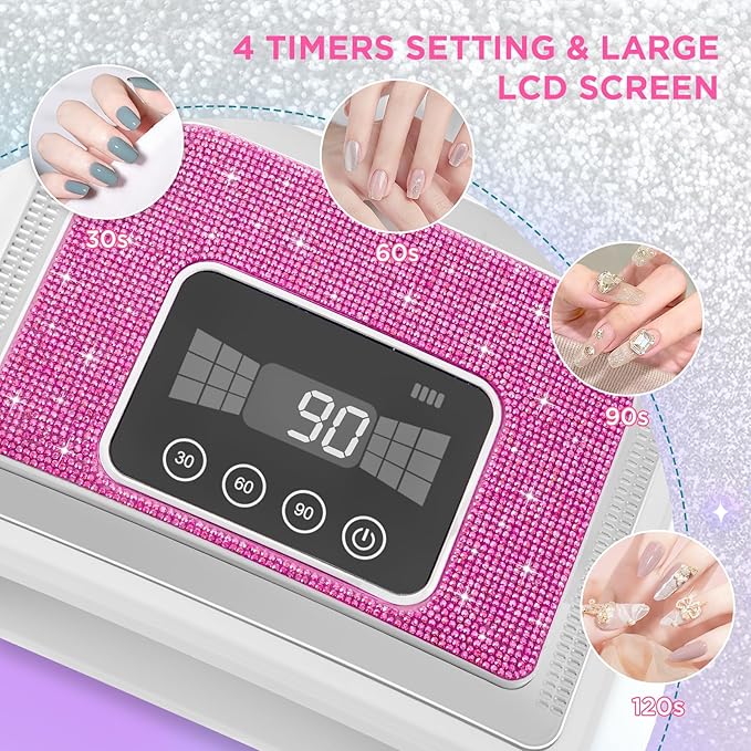 Aedavey Cordless Nail Lamp, Rechargeable UV Nail Lamp for Gel Nails, LED Nail Lamp with 4 Timer Modes, Gel Nail Light Decorate with Sparkling Nail Rhinestones Diamond (Sparkly Rose Red Diamond)