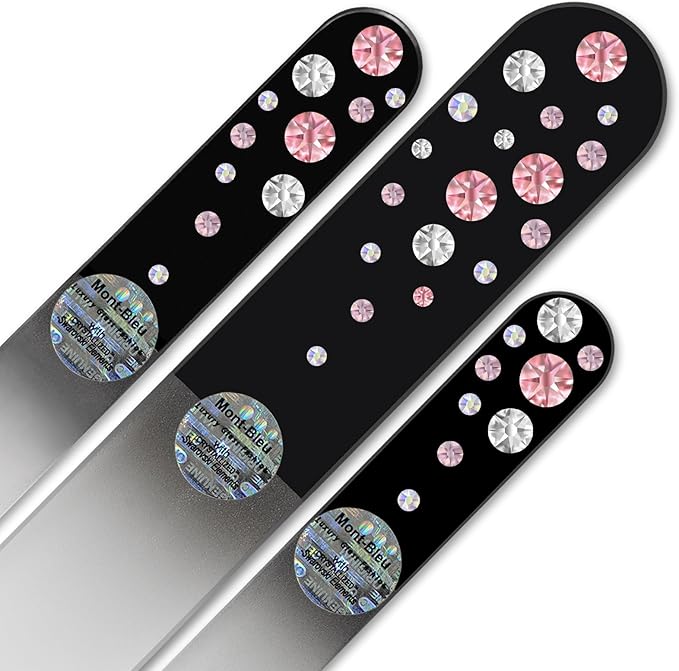 Mont Bleu Set of 3 Glass Nail Files Hand Decorated with Crystals - Hand Made, Czech Tempered Glass