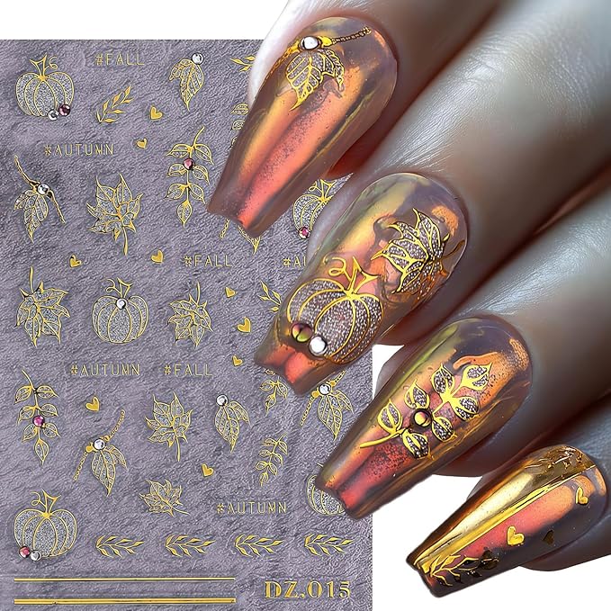Fall Nail Art Stickers 2 Sheets Gold Pumpkin Nail Decals 3D Self-Adhesive Thanksgiving Day Nails Art Decorations with Glitter Rhinestone Pumpkin Maple Leaf Pattern Nail Decals for Women Holiday DIY