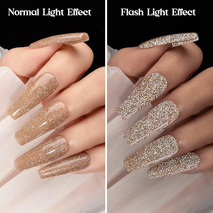 MIZHSE Reflective Gel Nail Polish, Glitter Gold Gel Polish, Sparkly Shiny Nail Effect Soak Off Nail Art Varnish for Beginners DIY at Home