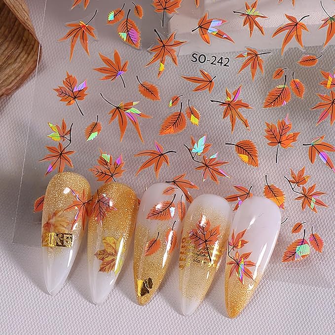 Laser Maple Leaf Nail Art Stickers Decals Holographic Glitter Self-Adhesive Fall Nail Decals Design Thanksgiving Maple Leaf Nail Stickers for Nail Art DIY Manicure Autumn Nails Decoration 4 Sheets