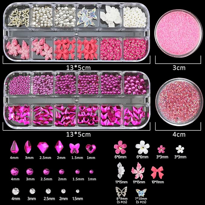 4 Boxes Pink Red Nail Gems Bow Flower Nail Charms for Acrylics - Irregular Crystals, Nails Rhinestone & Accessories for Women Nails Art Design Nails Decor(Pink & Red)